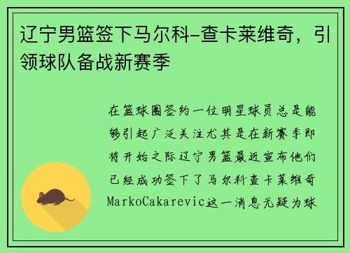 辽宁男篮签下马尔科-查卡莱维奇，引领球队备战新赛季