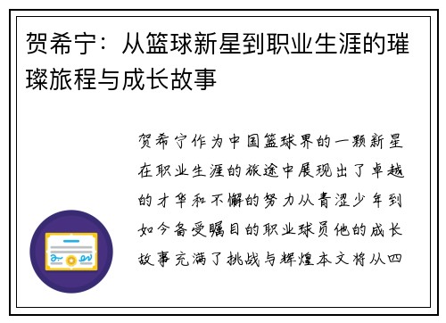 贺希宁：从篮球新星到职业生涯的璀璨旅程与成长故事