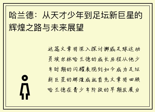 哈兰德:从天才少年到足坛新巨星的辉煌之路与未来展望